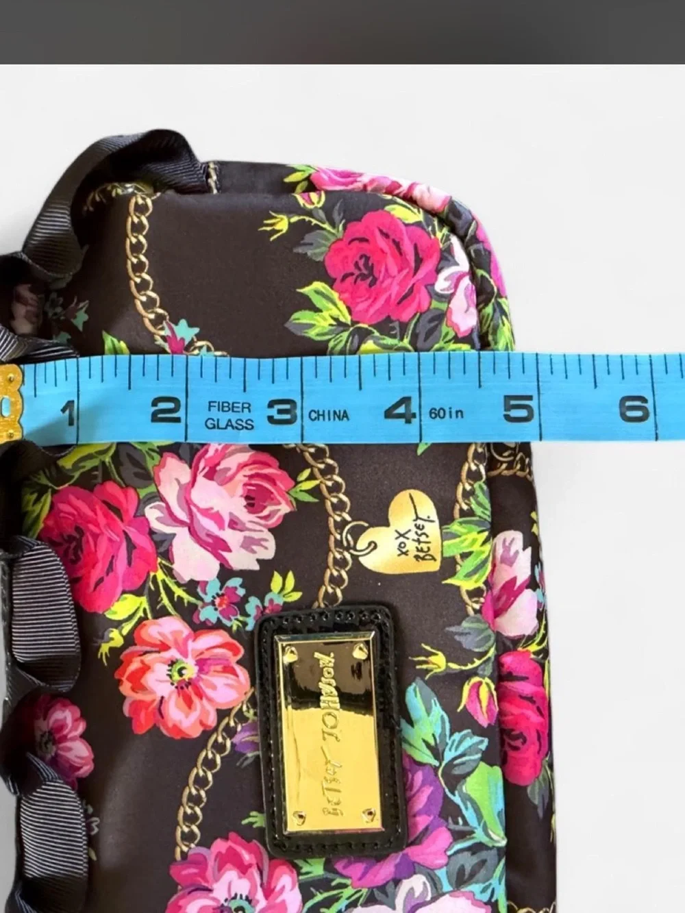 Betsey Johnson Black Floral Chain-Accent Cosmetic Case